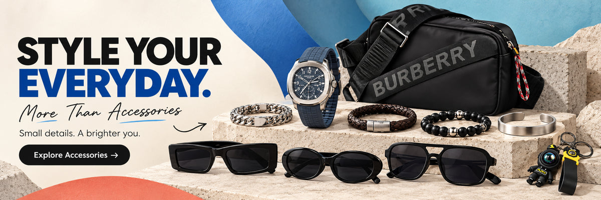 Clarioz men's accessories: bag, watch, bracelets, sunglasses and keychain